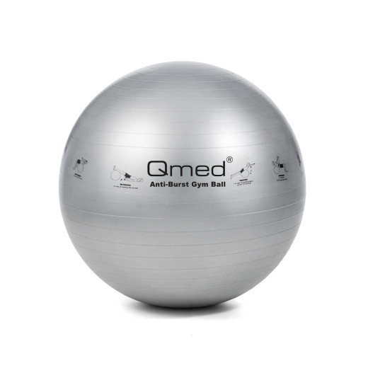 Szara piłka do ćwiczeń o średnicy 85 cm, na białym tle