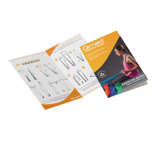 Ulotka Qmed z instrukcją ćwiczeń z taśmami oporowymi i grafiką użytkową